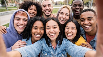 Obraz premium Diverse group of happy young friends taking a selfie outdoors, multiethnic students smiling, gen z youth community