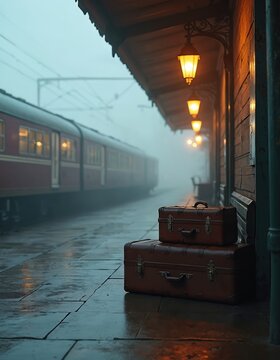 Old suitcases sit on wet train station platform. Vintage train waits in dense morning fog. Warm lamps glow on nostalgic journey, travel, and departure.