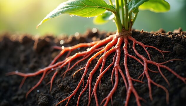 Plant root system absorbs water and nutrients from soil. Red roots spread through dark earth, drawing life upwards to green leaves in sunlit background.