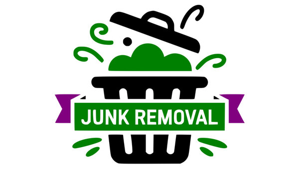 Bold junk removal service logo with overflowing trash can and purple ribbon banner, perfect for waste management, cleaning service, and rubbish disposal business branding projects