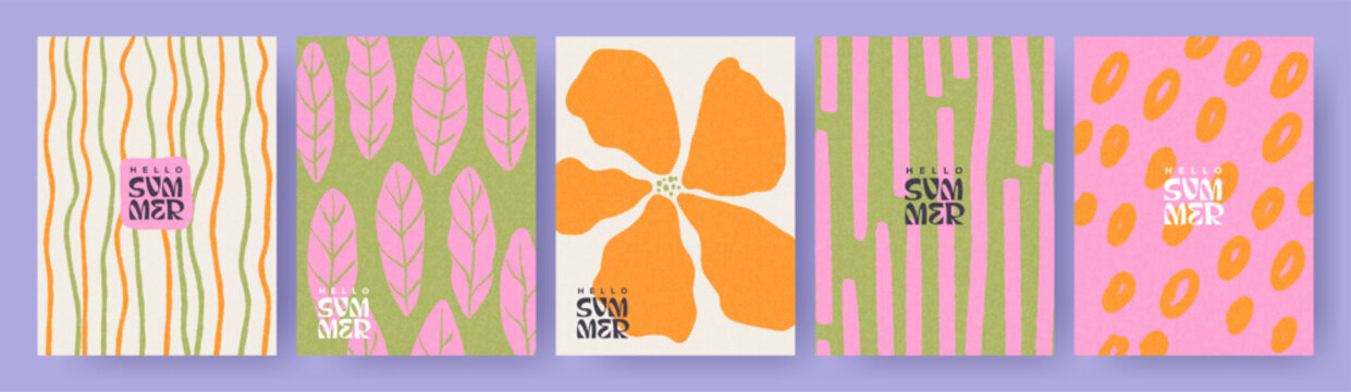 Summer bright and juicy templates collection for celebration, ads, branding, banner, card, cover, label, poster, sales. Modern abstract art design with wavy shapes and lines, dots, flower and leaves.