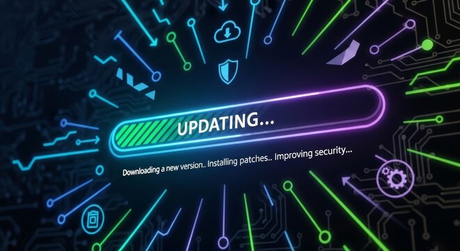 Downloading a new version, installing patches, improving security and updating software with progress bar and icons