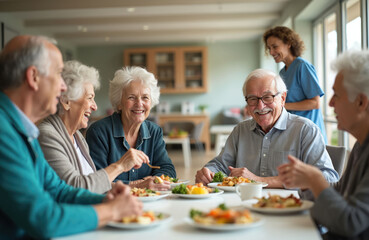 Naklejka premium Elderly friends enjoy meal together in sunny community center. Seniors chat and laugh over healthy food plates. Nurse observes happy group dining and socializing. Life in retirement.