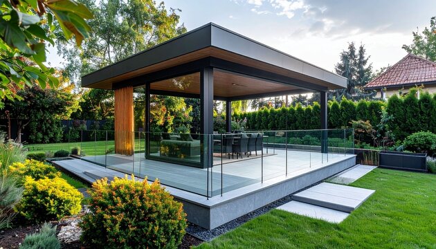 Modern glass pavilion in lush garden