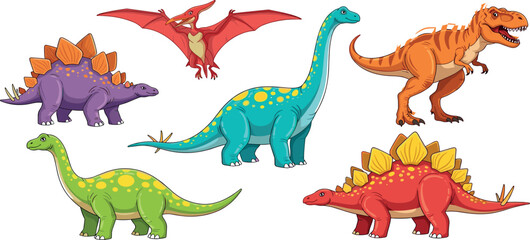 Colorful Cartoon Dinosaur Character Set with T-Rex, Stegosaurus, Brachiosaurus, and Pterodactyl for Kids, Education, and Game Design © Rtazmina