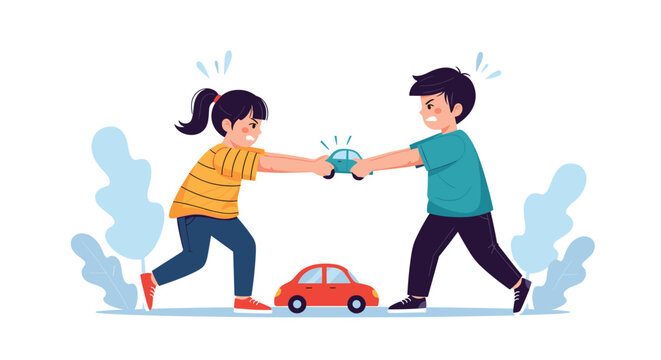 Angry young boy and girl aggressively pulling on a blue toy car while another red toy car sits on the ground between them.