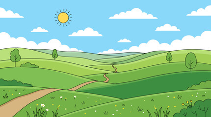 Fototapeta premium A serene landscape of rolling green hills under a sunny blue sky with white clouds and a dirt road.