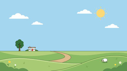 Fototapeta premium Sheep graze peacefully on rolling green hills near a house under a sunny sky with clouds.