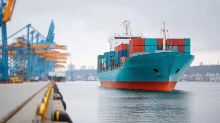 Fototapeta premium A Container Ship Navigating through Calm Waters at a Busy Port with Loading Cranes in the Background, Showcasing Maritime Logistics and Trade