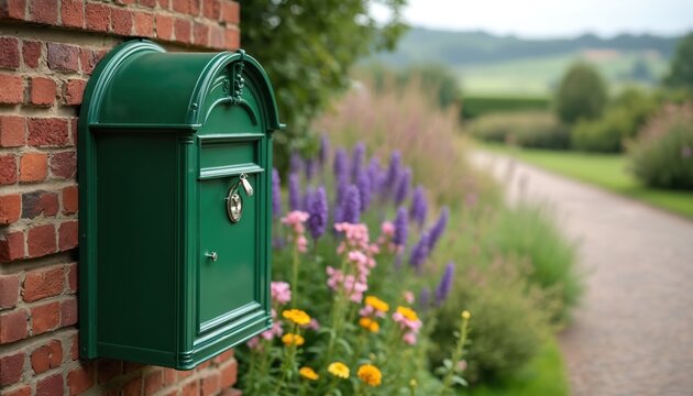 Green mailbox on brick wall next to garden path and flowers. Classic metal postbox for receiving mail. Traditional home exterior with natural landscape.