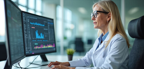 Obraz na płótnie Canvas Elderly woman in glasses analyzes data on dual computer screens. Healthcare pro reviews charts and graphs on monitors, working in office. Focused senior female examines medical info.