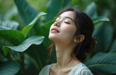 Fototapeta premium Young woman breathes deeply enjoying summer garden freshness among rich green leaves. Peaceful natural beauty serene outdoor portrait. Woman feels relaxed in nature.