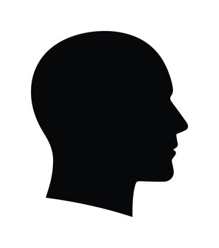 Minimalist human head silhouette, black male profile vector icon, anatomical side view of a bald man face, isolated person head outline for medical or identity design