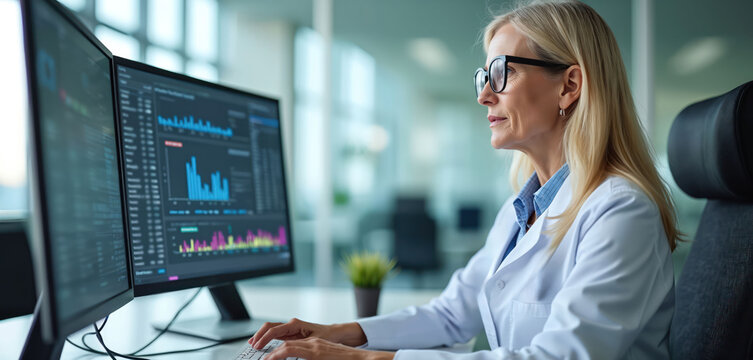 Elderly woman in glasses analyzes data on dual computer screens. Healthcare pro reviews charts and graphs on monitors, working in office. Focused senior female examines medical info.