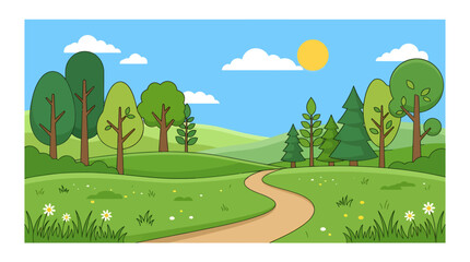 Obraz premium Sunny day landscape with winding path through green hills and trees