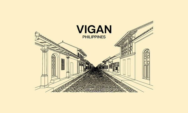 Vigan Philippines Colonial Street Architecture Line Art Illustration vector