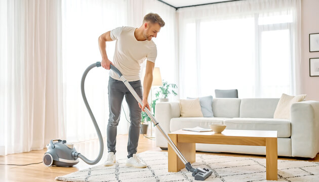 Person saugt Teppich im hellen Wohnzimmer mit Staubsauger