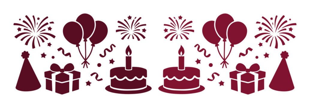 Burgundy birthday celebration icons vector set, festive party elements with cake and balloons, maroon holiday anniversary graphics for invitations