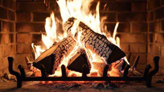 Warm and cozy fireplace with burning logs.