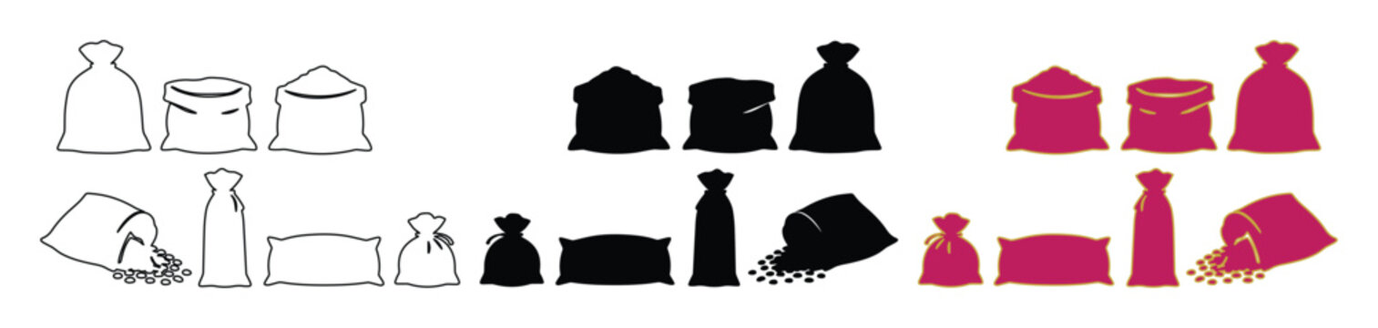 Burlap sack vector icons set, agricultural flour and grain bags in outline and silhouette styles, 21 textile pouch elements for farming and food packaging