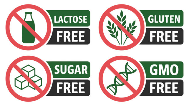 Four &ldquo;free from&rdquo; icons, lactose gluten sugar and GMO free labels, food product dietary restriction symbols