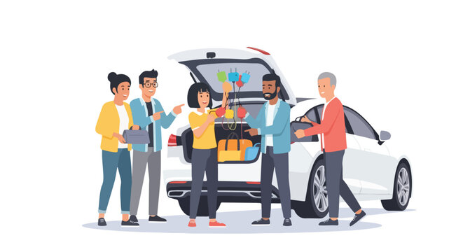 Group of friends loading car with party supplies and balloons for a road trip or picnic celebration