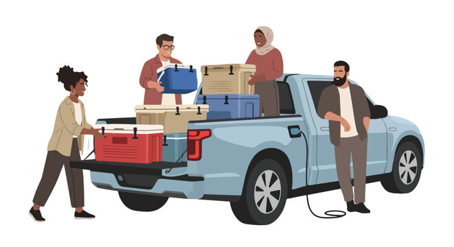 Diverse group of people loading coolers into the bed of a light blue electric pickup truck for an outdoor activity