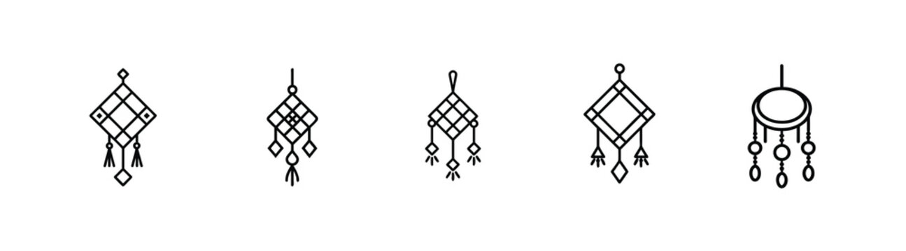 Hanging jewelry ornaments line icons set diamond shape earring ethnic decorative jumka traditional tassel pendant crystal bead charm & more vector illustration with editable stroke.