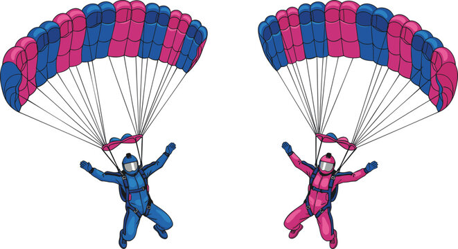 Two skydivers in blue and pink professional flight suits descending with open parachutes against.