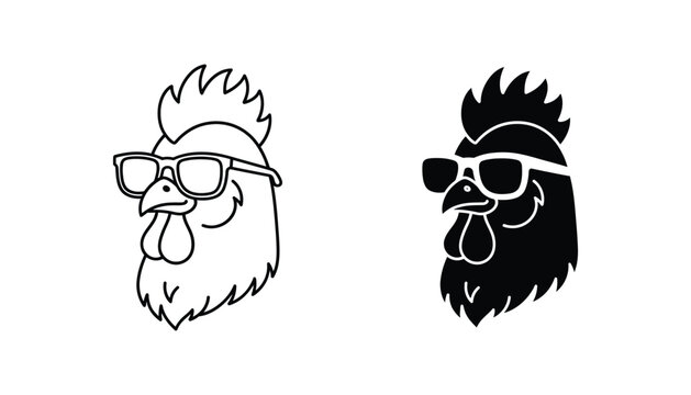 Cool rooster head wearing sunglasses vector icon set in outline and solid black styles for poultry farm branding or creative mascot design applications