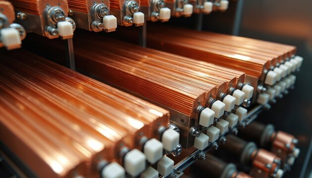 Shiny copper busbars are arranged in parallel rows inside electrical cabinet. Insulators separate conductor bars. Tungsten light creates warm orange and gold luster on metal.