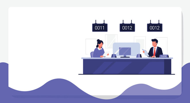 Bank tellers working behind a service counter with queue numbers and protective screens to assist customers in a modern environment.