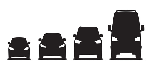 Collection of car front silhouettes with headlights showing different sizes from compact vehicles to large commercial vans. © MONSUR.99