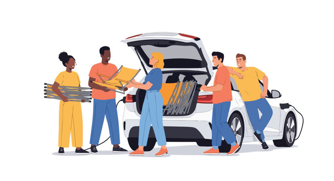Diverse group of friends loading camping gear into an electric car, preparing for an outdoor adventure.