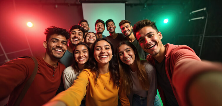 Group of young indian friends taking a selfie photo indoors. Diverse gen z students smiling joyfully in studio hall with red and green lights. People enjoying leisure time together.