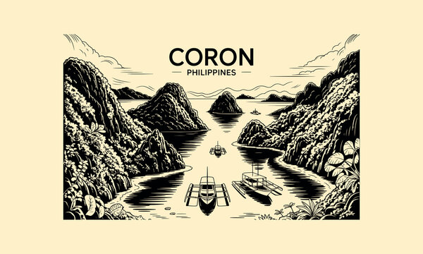 Black and White Illustration of Coron Philippines Limestone Islands and Boats karsts