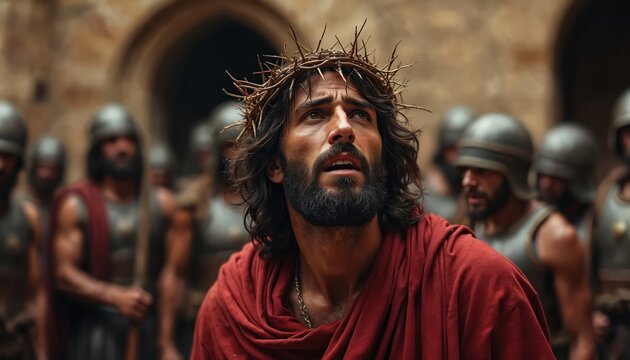 Man wears crown of thorns, Jesus Christ looks up, surrounded by Roman soldiers in ancient Jerusalem. Shows suffering, sacrifice, and faith during trial.