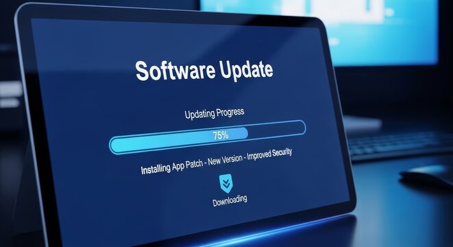 Digital transformation and technology upgrade in progress, software update shown on a tablet screen