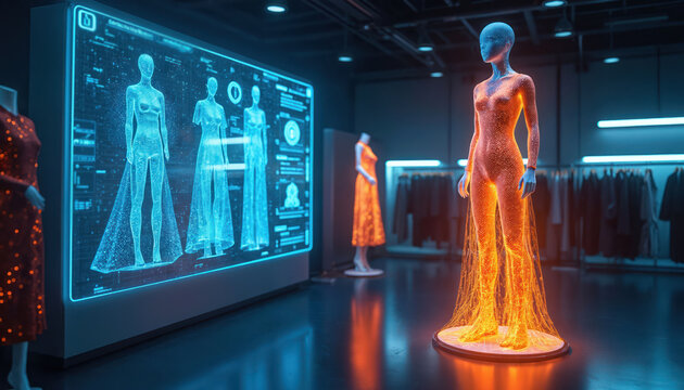 Futuristic fashion design interface displays 3D garment models. Mannequin shows custom clothing creation. Advanced tech for apparel styling and production. High tech innovation for designers.
