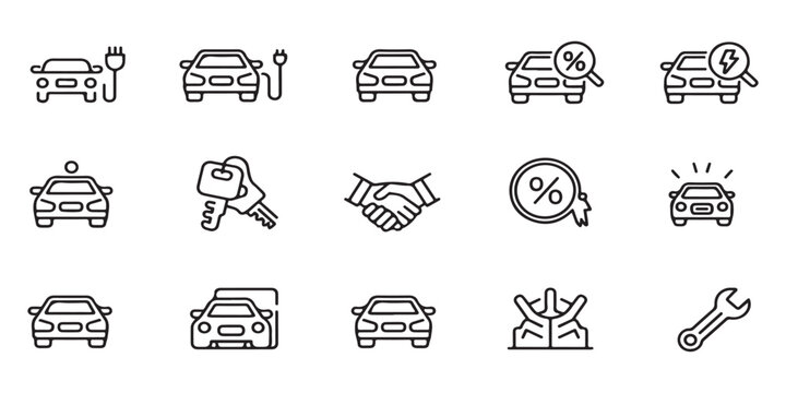 Set of modern car icons depicting electric vehicles, deals, and services for automotive industry.