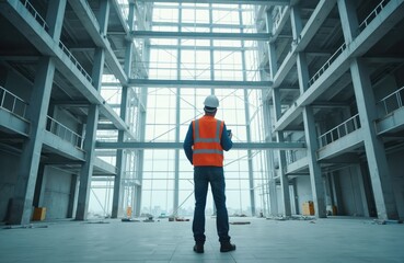 Fototapeta premium Engineer in safety vest and helmet looks at tablet inside large unfinished building. Inspects concrete and steel framework structure. Bright window wall illuminates interior.