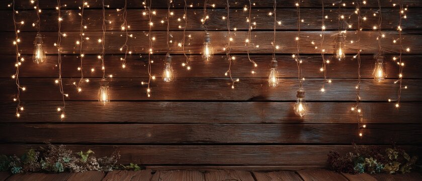 Warm glowing string lights on wood panel background for holiday decor