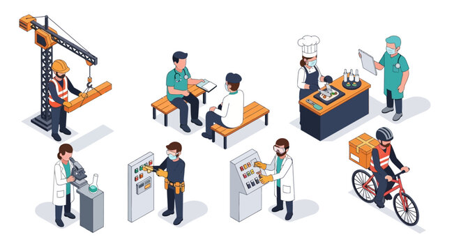 Isometric illustration showcasing diverse workers in various professions emphasizes a safe and healthy work environment, with a clean, modern design conveying a message of workplace