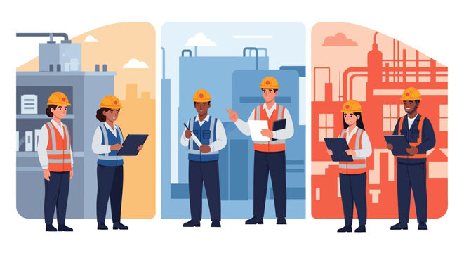 Illustrated vector scene of diverse workers in safety vests and helmets, collaborating in a stylized work environment with industrial backgrounds, promoting workplace accident prevention