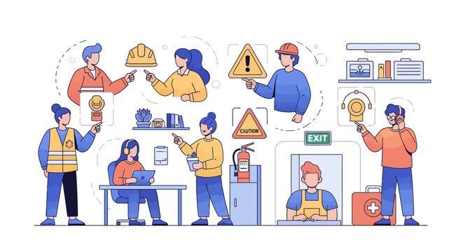 Illustration for World Day for Safety and Health at Work featuring diverse cartoon characters in a safe work environment, with flat vector icons against a clean white background, promoting