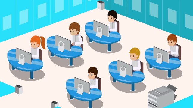 Diverse Group of Children Learning in Modern Computer Lab Classroom, Elementary Education and Technology Literacy Concept, 2D Flat Animation
