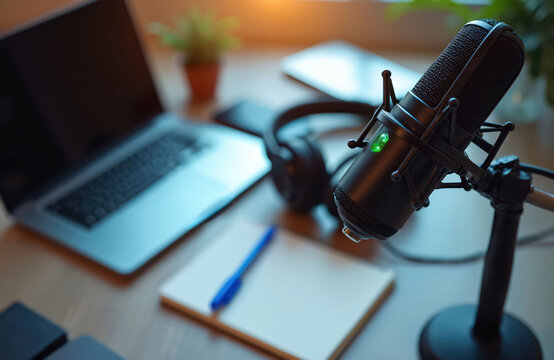 Professional microphone setup with laptop headphones, notebook on desk. Audio recording, content creation workstation for podcasts interviews streaming. Modern home studio equipment for digital media