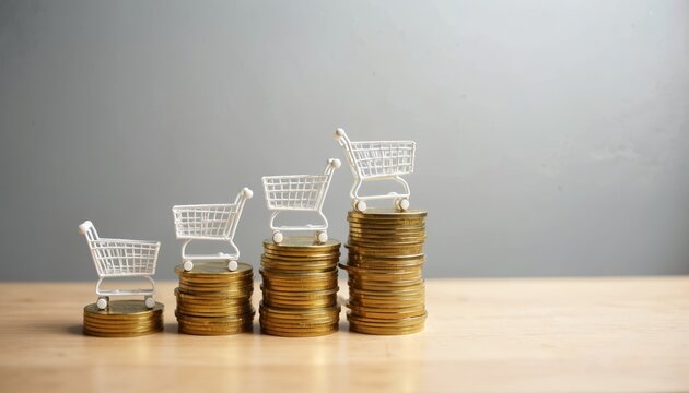 Four stacks of gold coins increase in height from left to right. Mini shopping carts sit atop each coin stack. Represents rising prices consumer costs economy.