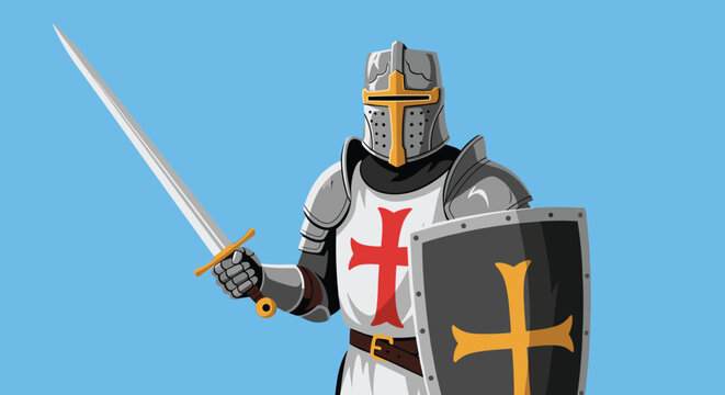 Brave medieval knight wearing silver plate armor and a templar cross while holding a sword and wooden shield.