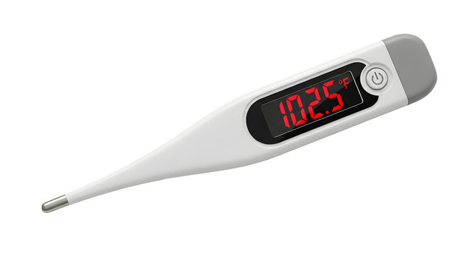 A digital thermometer displays a high temperature on its screen